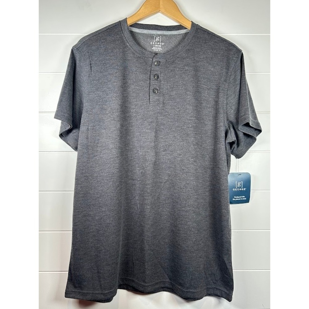 George Mens Henley Shirt Large (42-44) Black Soot‎ Heather Short Sleeve
